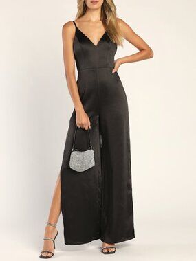 Lulus You're My Favorite Black Satin Slit Leg Jumpsuit - Size S